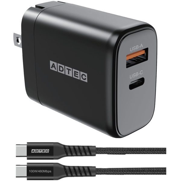 Power Delivery対応 GaN AC充電器/65W/USB Type-A 1ポート/Type-C 1ポート/ブラック & Type-C to Cケーブルセット APD-V065AC-wC20U2-BK