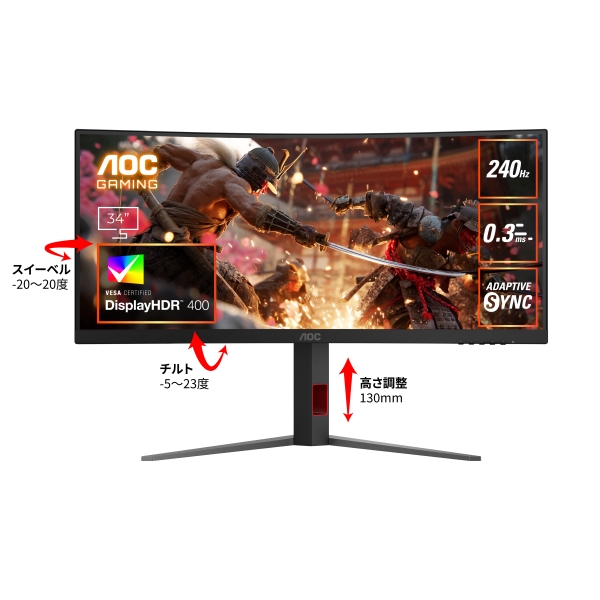 AOC ゲーミング液晶ディスプレイ 34型/3440×1440/HDMI、DisplayPort