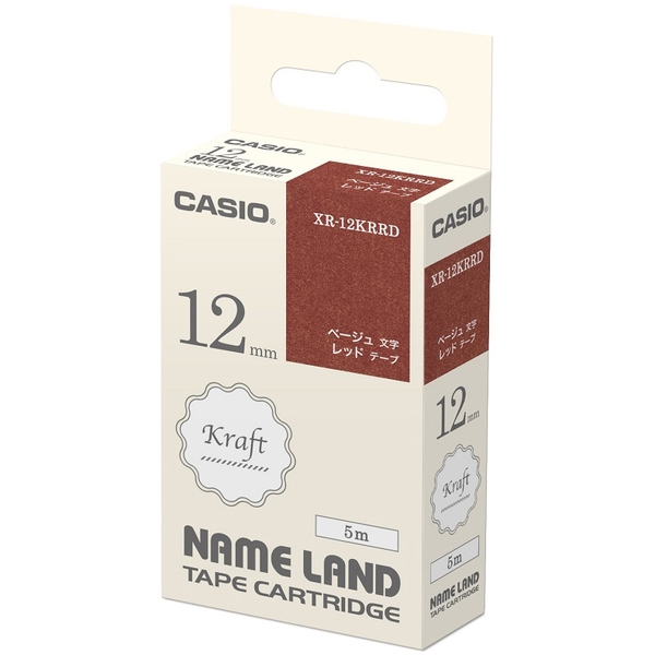 ネームランド用クラフトテープ 12mm レッド/ベージュ文字 XR-12KRRD