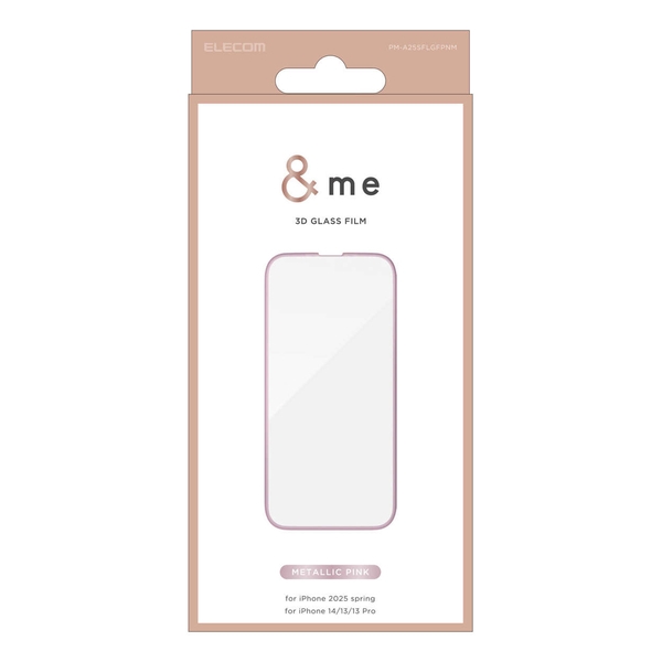 iPhone 16e/iPhone 14/iPhone 13/iPhone 13 Proガラスフィルム/フレーム付き/高透明/&Me/メタリックピンク PM-A25SFLGFPNM