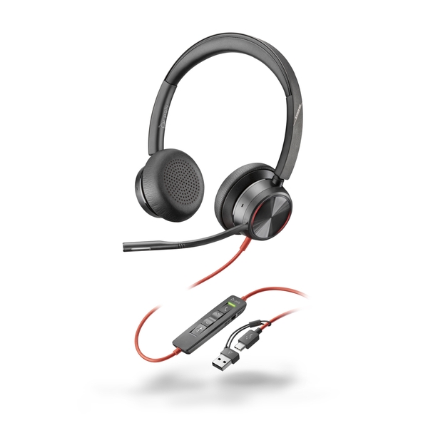 Poly Blackwire 8225 USB-C+USB-A 変換アダプタ付 両耳 有線モデル ノイズキャンセリングマイク搭載 レザレットイヤークッション 3.5mmジャック対応 8X223AA