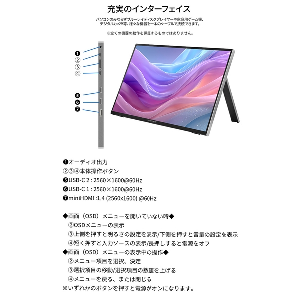 JAPANNEXT 液晶ディスプレイ 16型/2560×1600/miniHDMI×1、USB-C×2
