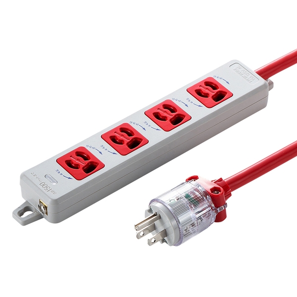 医用接地プラグ付き電源タップ(3P・4個口・レッド・5m) TAP-HPM4-5R