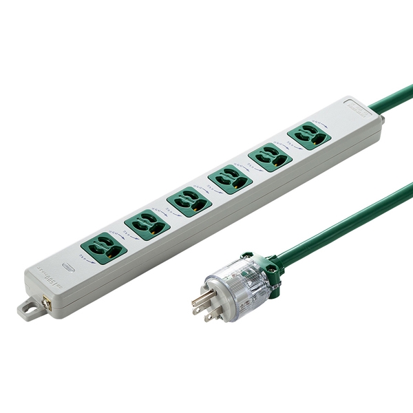 医用接地プラグ付き電源タップ(3P・6個口・グリーン・1m) TAP-HPM6-1G
