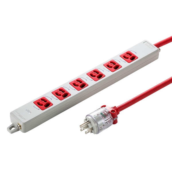 医用接地プラグ付き電源タップ(3P・6個口・レッド・5m) TAP-HPM6-5R