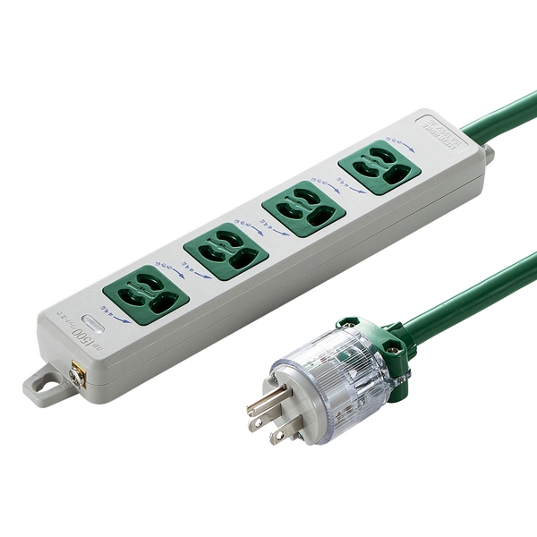 医用接地プラグ付き電源タップ(3P・4個口・グリーン・5m) TAP-HPM4-5G