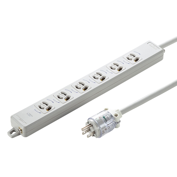 医用接地プラグ付き電源タップ(3P・6個口・ホワイト・1m) TAP-HPM6-1W