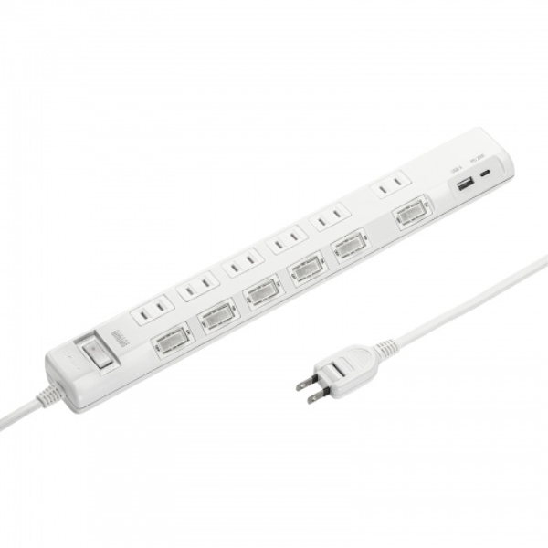 節電タップ(2P・6個口・3m・ホワイト) TAP-B108UC-3W