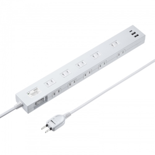 雷タップ 10個口+USB-A+Type-C(PD20W)ホワイト・2m TAP-SP2110NUC-2W