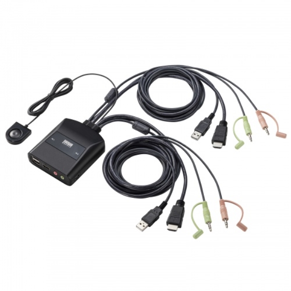 手元スイッチ付きパソコン自動切替器(4K対応、2:1) SW-KVM2WHUUS