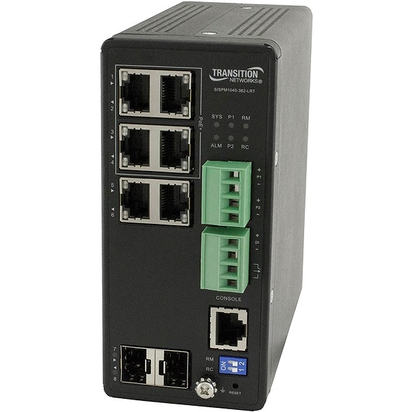 (4) 10/100/1000Base-T PoE+ ports + (2) 10/100/1000Base-T RJ-45 ports + (2) 100/1000Base-X SFP slots SISPM1040-362-LRT