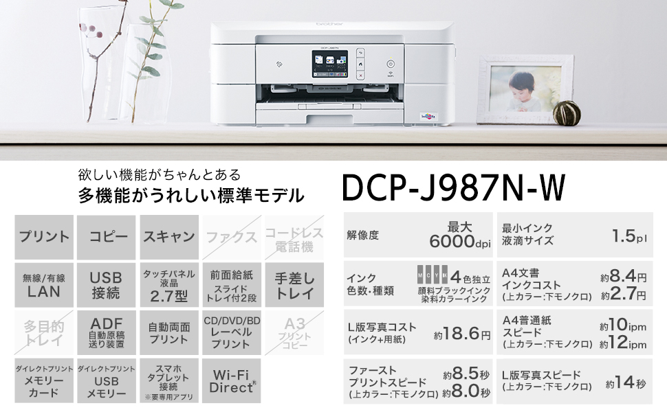 DCP-J987NA4インクジェットプリンター複合機 DCP-J987N-W